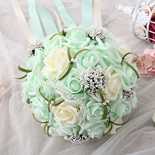 iLovewedding Mint Green Wedding Bouquets for Bridesmaids Rose Pearls Artificial Flowers Handmade Bridal Wedding Bouquet