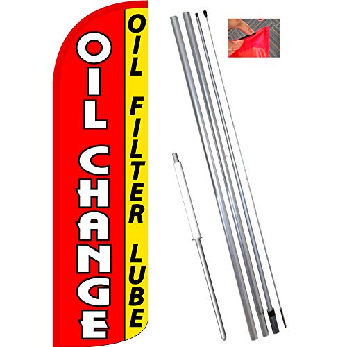Oil Change (Oil Filter Lube) Windless Feather Flag Bundle (11.5' Tall Flag, 15' Tall Flagpole, Ground Mount Stake)