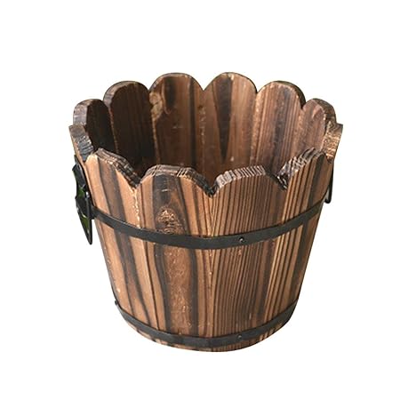 Yardwe Holz Blumentopf Klein Bonsai Kaktus Sukkulenten Rund Pflanztopf Holzfass Desktop Dekoration Mittel