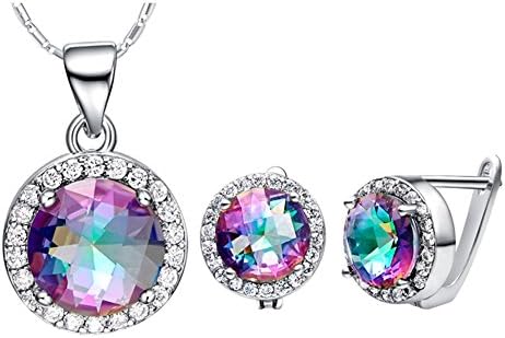 Layla Jewellery 18k White Gold Plated Alloy Colorful Gemstone Jewelry Set include Pendant Necklace and Stud Earrings for Ladies (Round)