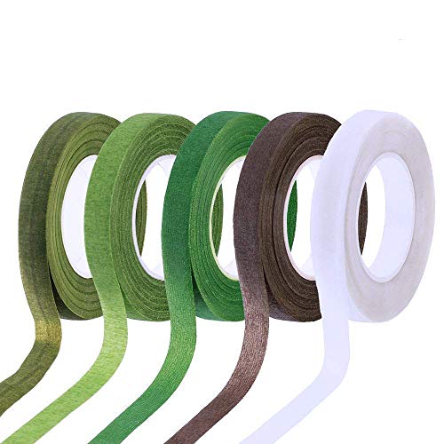 Nerseki 5 Colors Floral Tapes adhesives - 1/2" Wide x 30 Yard for Bouquet Stem Wrap Flowers Making (Dark Green,Green,Grass Green,White,Brown)