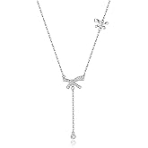 SLUYNZ 925 Sterling Silver Bow Y Necklace for Women Teens Cubic Zirconia Bow Y Necklace Pendant Bow Chain Necklace