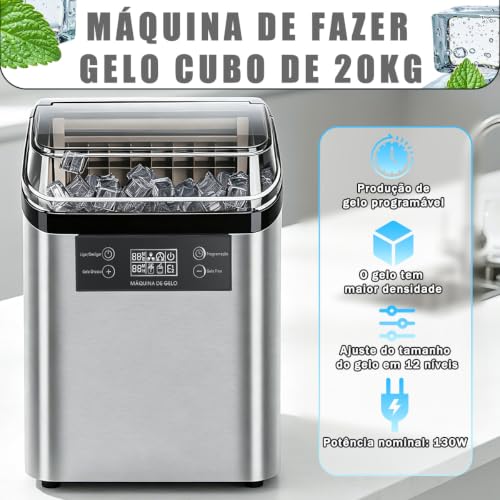 Ice Maker Portátil Inox 20kg/dia, Autolimpeza c/Pá e Cesto Casa Bar 127V
