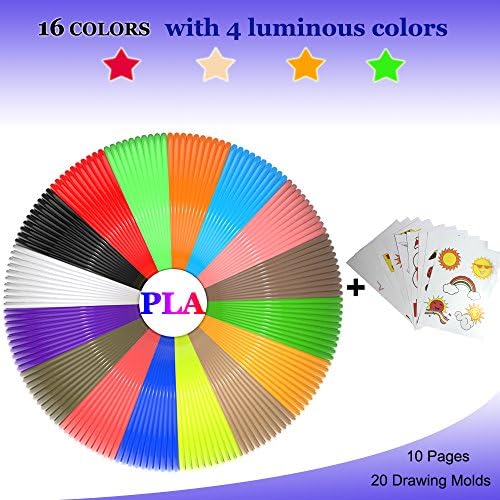 PLA 3D Pen Filament Refills(16 Colors, 20 Feet Each) with 20 Pages of Paper Stencils,1.75mm 3D Printing Filament Material 320 Feet Total,Myuilor 3D Drawing Printer Supplier