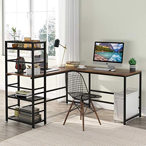 Tribesigns 59 Inch L Shaped Computer Desk, Corner Desk with 4Tier Storage Shelves, Rustic L