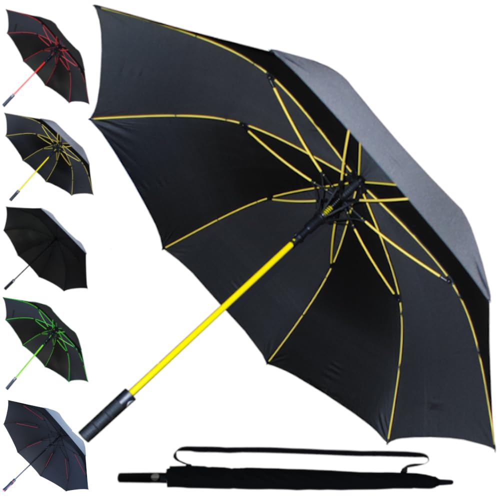 60MPH Golf Umbrella Windproof - Strong Umbrella Large and Rainproof Big - StormDefender Jumbo - Best for Size - Reinforced Frame - Non Slip Handle - Auto Open - Yellow Ribs