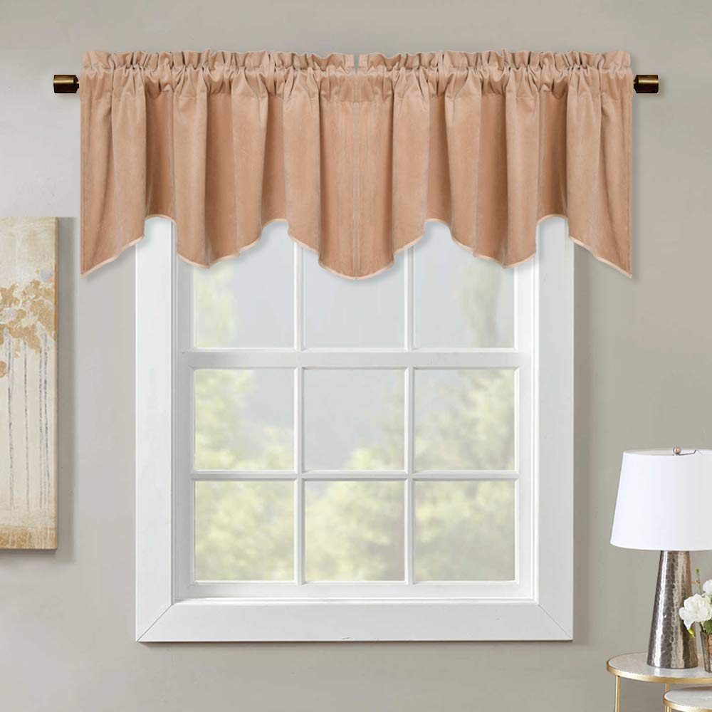 StangH Blush Beige Scalloped Velvet Valance, Soft Wavy Window Treatment for Small Windows, Elegant Half Window Drape for Bathroom/Kitchen/Cabinet, 52x18 Inch, 1 Panel