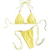 BEAUDRM Women's 2 Piece Bikini Set Beaded Thong Triangle Bikini Y2K String High Cut Bathing Suit Halter Cheeky Swimsuits