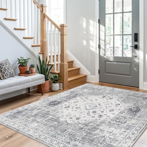 Washable 5x5 Area Rug Square - Vintage Living Room Bedroom Rugs with Non Slip Backing Indoor Durable Low Pile Carpet for Entryway Office Nursery Foldable Home Decor Floor Mat 5x5 Grey at Amazon