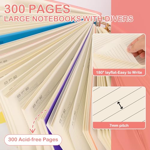 FREBLASO 5 Subject Notebook with Removable Dividers Tabs, 300 Pages Leather Hardcover Spiral Notebook College Ruled, 8"x10" Large B5 Notebooks for Work School, Lined Journal for Women, Pink