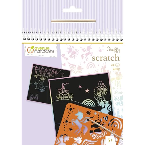 MY MANDARINE GY161C - Un carnet Graffy Scratch de 24 cartes à gratter pré-imprimées + 1 pochoir et stylet en bois inclus - À partir de 5 ans - LICORNE