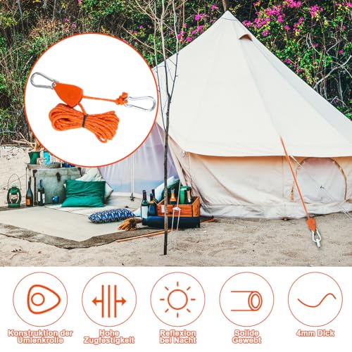 Tyafzzn Pack of 4 4 mm Adjustable Rope Ratchet, 4 m Guy Ropes with Rope Tensioner, Adjustable Ratchet Hanger, Tent Cord with Storage Bag, Reflective Guy Ropes for Awning (Orange)