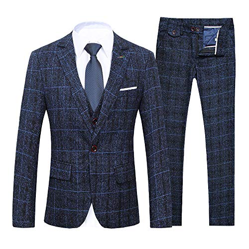 Men's Plaid Tweed Suits Piece Slim Fit Wedding Tuxedos Prom