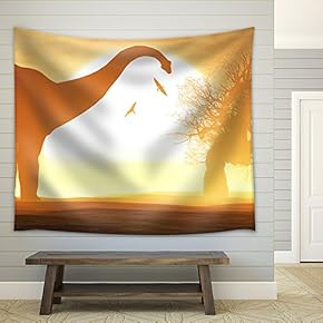Dinosaurs in a Prehistoric Sunset Sunrise with Dried Trees in an Endless Desert 3D Artwork - Fabric Wall Tapestry Home Decor - 51x60 inches