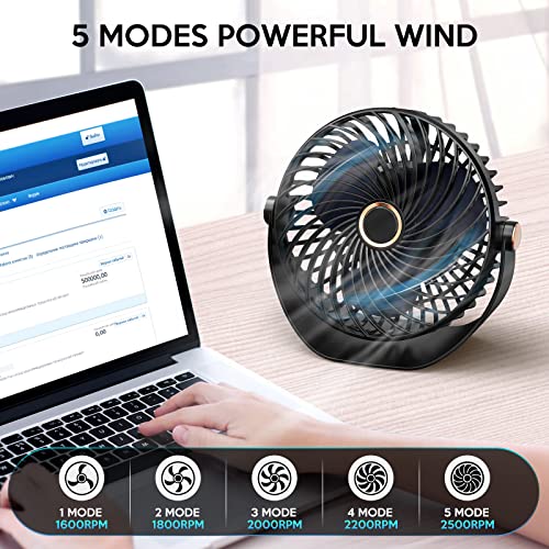 Fashioz Mini Desk Fan, USB Table Fan with 5 Speeds Strong Airflow,Cooling Portable & Ultra-Quiet, Desktop 360°Rotatable Head and Charging for Home Office Bedroom Library Summer Gift (black)