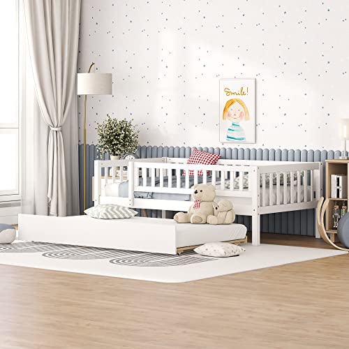 Brisca Twin Size Wood Daybed with Trundle and Guardrails,Bedroom Solid Wooden B…