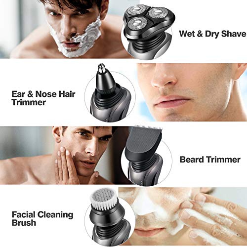Electric Razor for Men Beard Trimmer 4in1 3D Floating Rotary Shaver Nose & Ear Trimmer Hair Clippers Cordless Facial Cleaning Brush Waterproof USB Charging