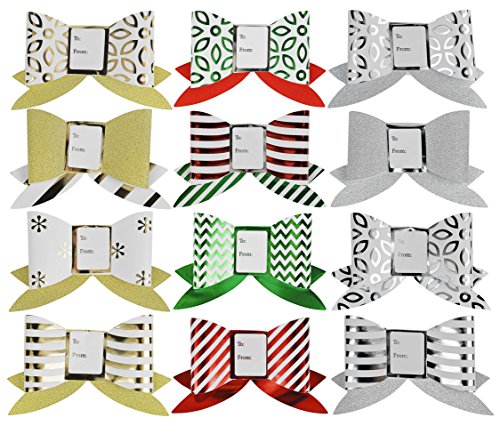 Set of 12 AssortedHoliday Label Gift Bows With Foil Glitter - Perfect for Preparing Elegant Gifts This Holiday Season!