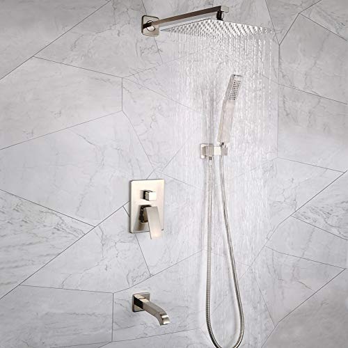 POP Bathtub Shower Faucet Set Brushed Nickel Shower System with Tub Spout 10 Inch Bathroom Rain Mixer Shower Head Set with Handheld Wall Mounted Shower Combo Set (Contain Rough-in Valve Body and Trim)