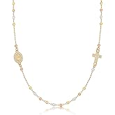 Gold Rosary Beads Cross Necklace - 14k Gold Plated Virgin Mary Necklaces,Non Tarnish Golden Catholic Virgen de Guadalupe Choker Jewelry,Religious Rosarios Catolicos Baptism Confirmation Gift for Women