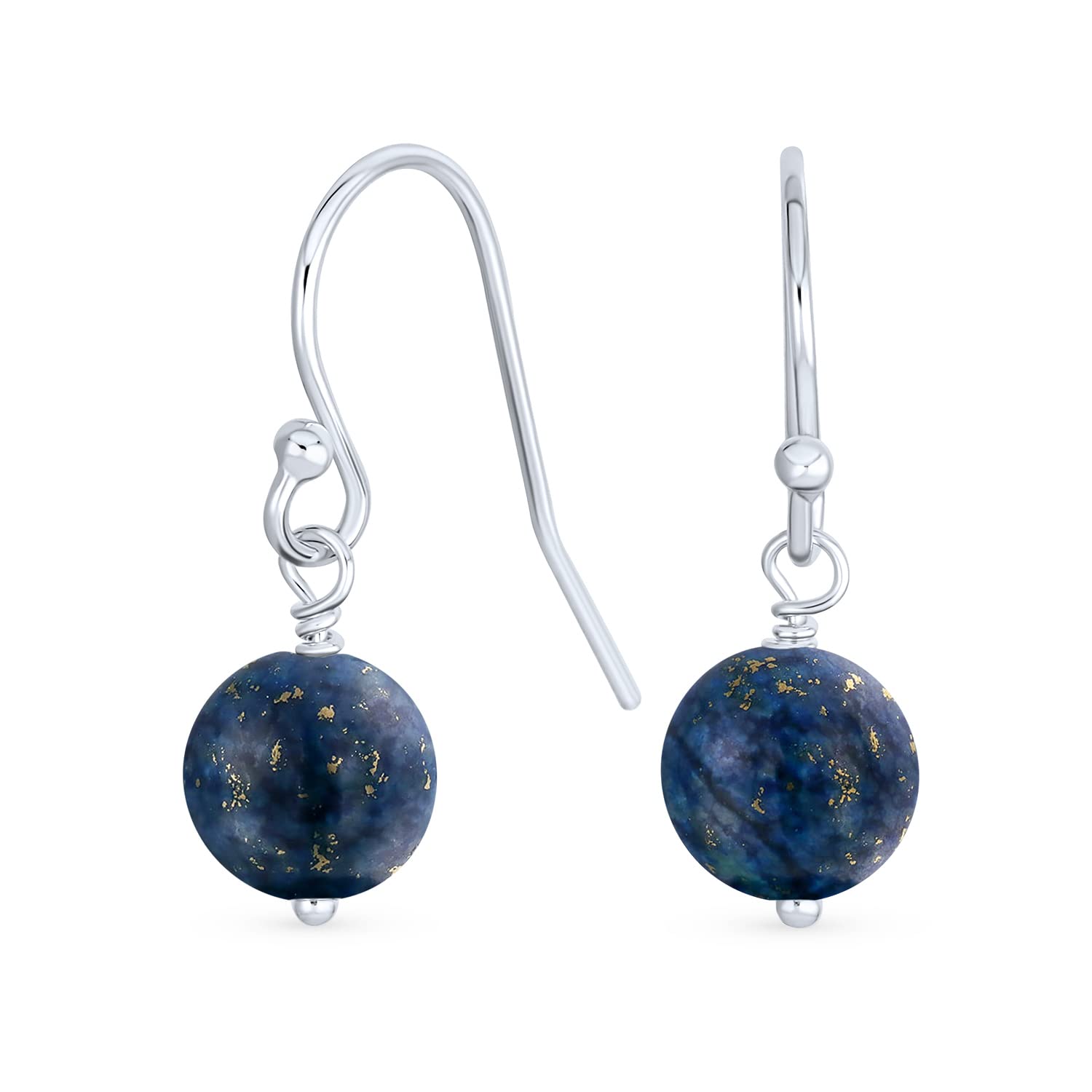 Simple Plain Navy Blue Lapis Lazuli Gemstone Round Dangle French Fish Hook Wire Ball Drop Earrings For Women.925 Sterling Silver