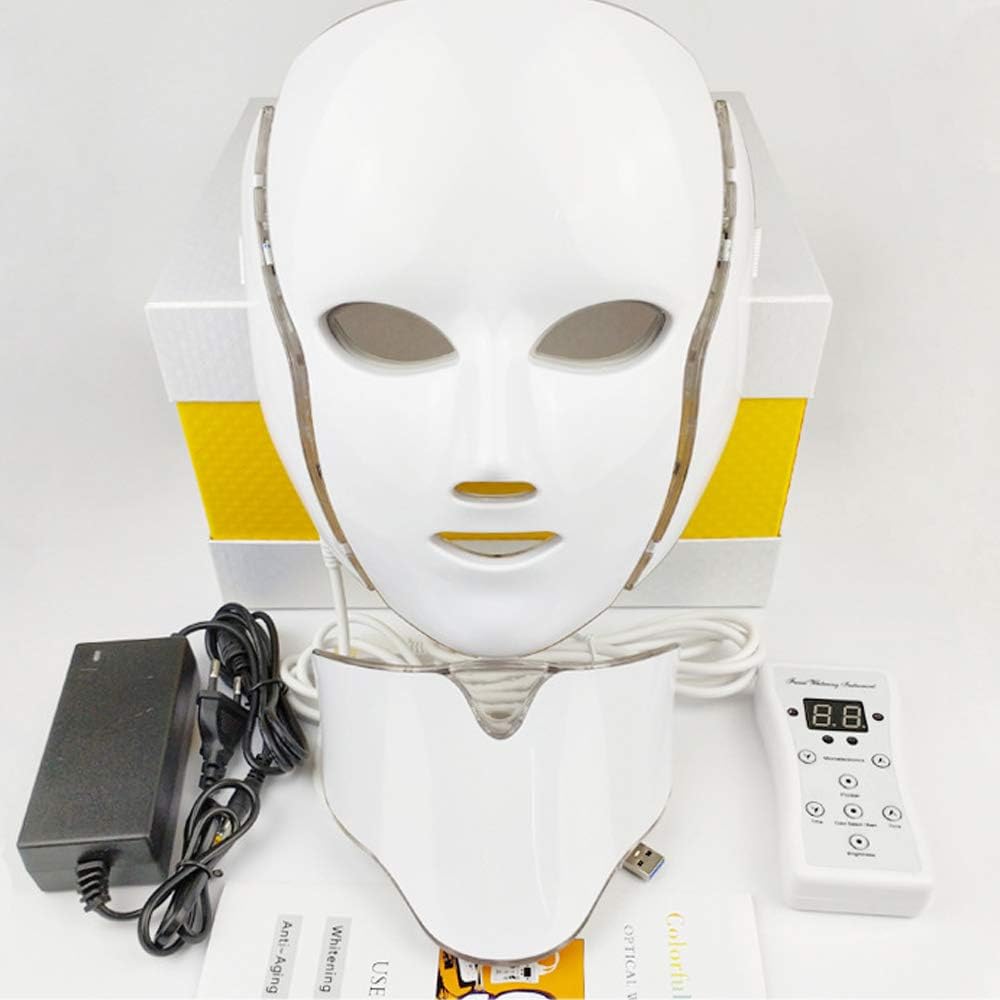 YEARN SEA 7 Colors LED Mask Face, Neck Photon Light Skin Rejuvenation Therapy Facial Skin Care Wireless Mask for Healthy Skin Rejuvenation,White