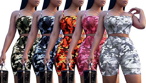 Womens Summer Sleeveless Spaghetti Strap Crop Top Camo 2 Piece Outfits High Waisted Skinny Shorts Pants Set Plus Size