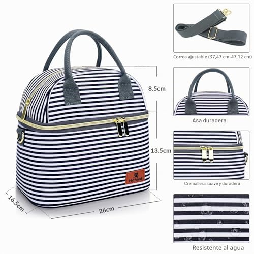 Hafmall Thermal Food Bag for Women and Men, Lunch Bag with Two Compartments, Work Lunch Bag, Stripes