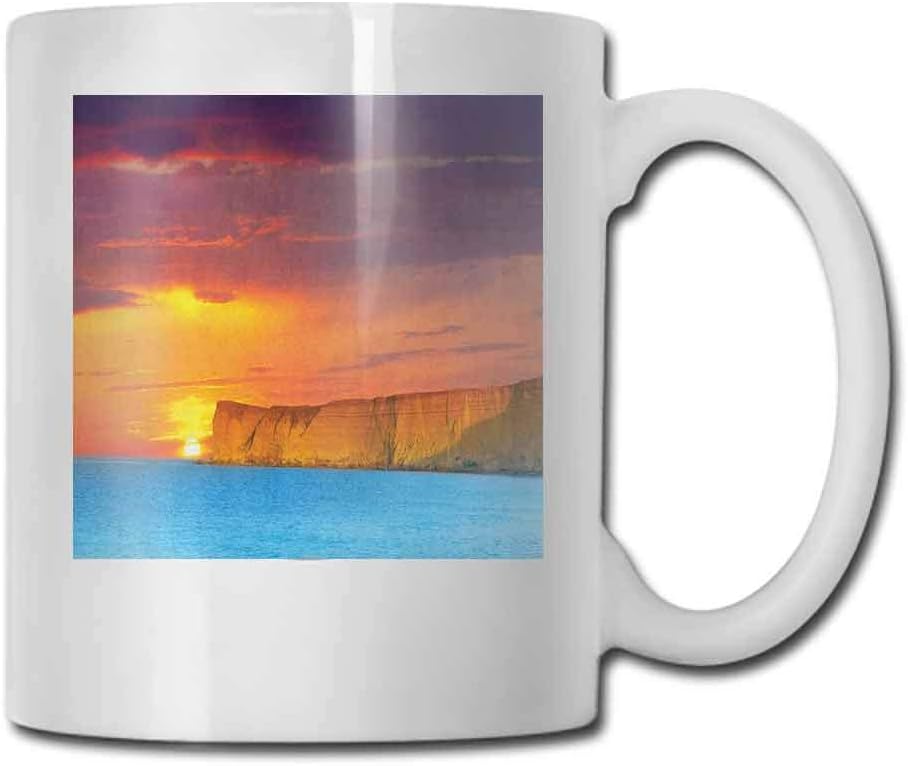 Ocean Tea Cup Dramatic Sea Summer Sunset with Huge Cliff Vibrant Colors Overcast Picture For Family and Friend Yellow Purple Blue 11oz