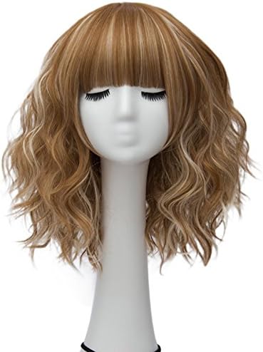 Alacos Fashion 35cm Short Curly Bob Anime Cosplay Wig Daily Party Christmas Halloween Synthetic Heat Resistant Wig for Women +Free Wig Cap (Brown Highlight Grey Brow-Skimming Bangs)