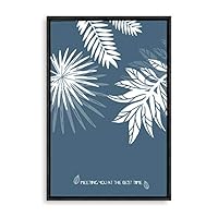 Framed Canvas Wall Art - White Leaf on Grayish-Blue Background - Canvas Prints Home Artwork Decoration for Living Room,Bedroom - 16x24 inches