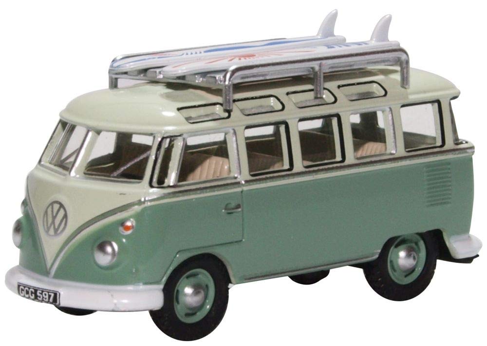 Oxford Diecast VW T1 Samba Bus with Surfboards - Turquoise/White
