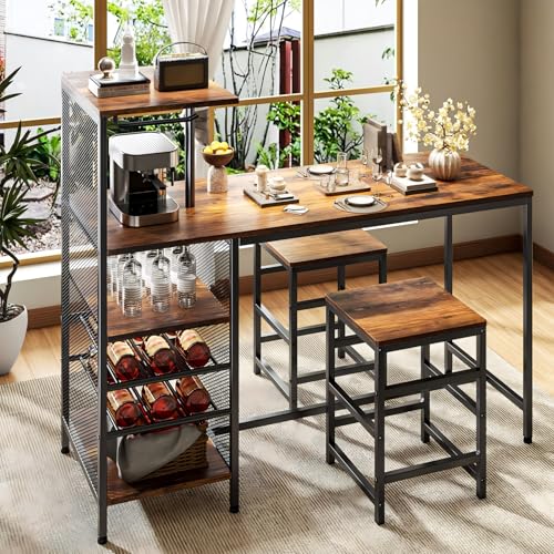 SIMPLE ESPACIO Barra de Cocina,Desayunador Tiene Seis Capas de Espacio de Almacenamiento,Mesa de Bar,Comedor Viene con Dos Sillas,con Estante para Copas Vino,Adecuado para Cocina y Bar(Color Retro)
