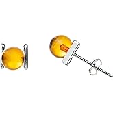 Genuine Baltic Amber Stud Ball Earrings for Women in Sterling Silver, Rich Cognac Color