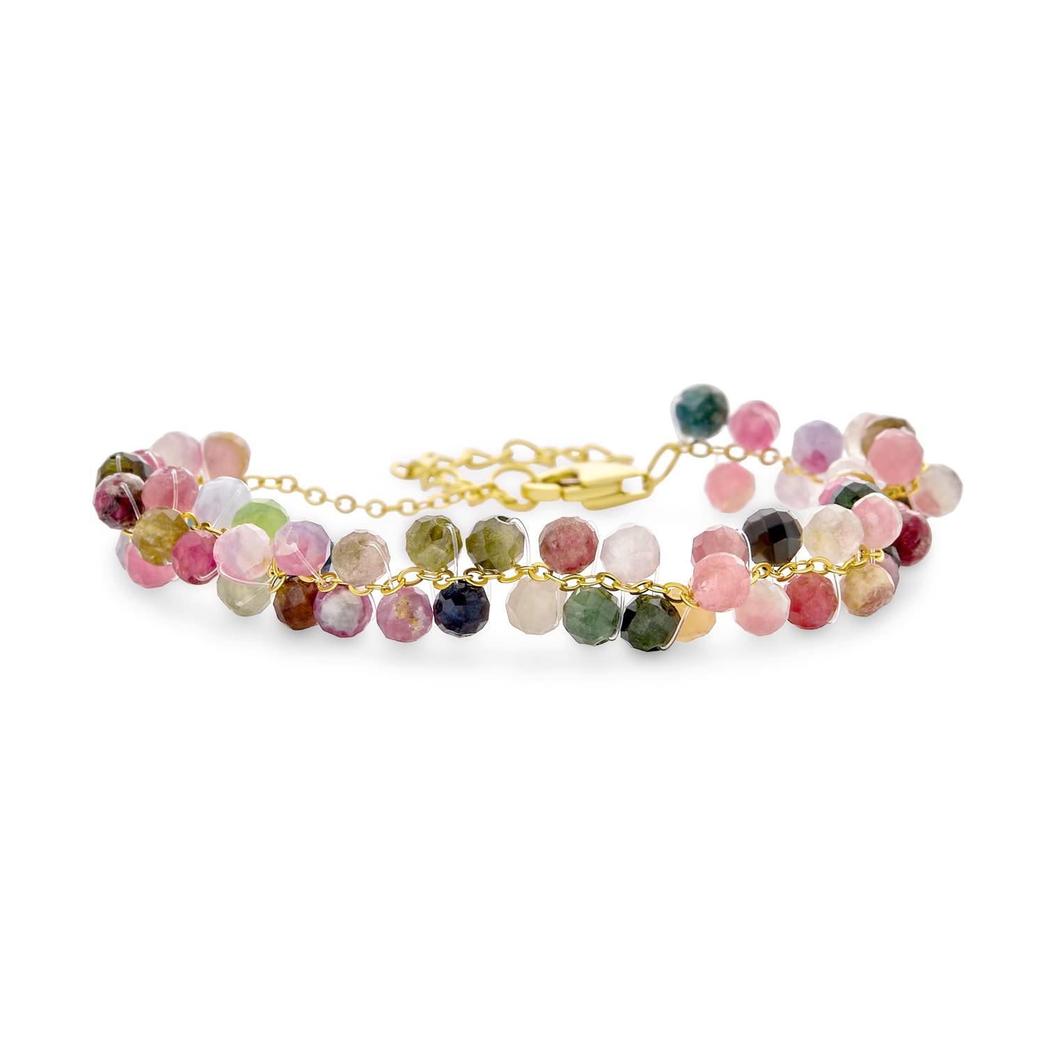 Small Wrist Only Dainty Delicate Petite Nature Gemstones Multi Color Faceted Stagger Rainbow Tourmaline Tiny Caviar Seed Beads Bracelet for Women Girls 18K Yellow Gold Plated Chain 5-6 Inch Adjustable