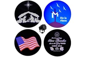 Beffy Arts Christian Themed 4-in-1 Projector Featuring Nativity Light for Christmas, Give Thanks" Bible Verse for Thanksgiving, Shrouded Cross for Easter, Waving Flag for July 4th and Memorial Day
