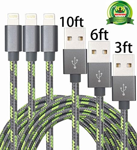Abloom 3Pack 3,6,10ft Lightning Cable Nylon Braided Charging Cable Extra Long USB Cord for iphone 7,7 plus,6s,6s plus,6plus,6,5s 5c 5,iPad Mini, Air,iPad5,iPod 7on iOS9.(Grey+Green)
