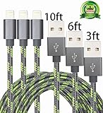 Abloom 3Pack 3,6,10ft Lightning Cable Nylon Braided Charging Cable Extra Long USB Cord for iphone 7,7 plus,6s,6s plus,6plus,6,5s 5c 5,iPad Mini, Air,iPad5,iPod 7on iOS9.(Grey+Green)
