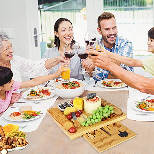 Cheese Board Set, Loyalfire Bamboo Large Thick Charcuterie Platter Serving Tray with Slide Out Drawer for Cutlery 4 Stainless Steel Knives and Wooden Server, for Wine, Crackers, Brie and Meat - Thumbnail 6
