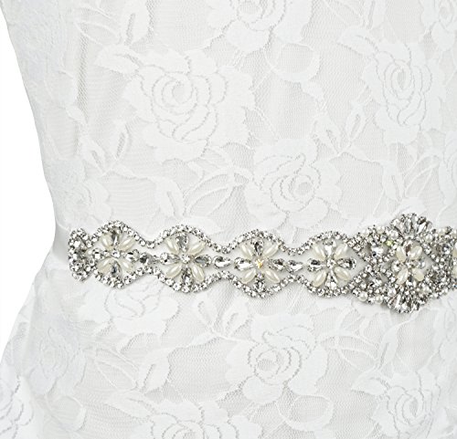 Lovful Womens Silver Crystal Beaded Satin Bridal Sash Party Prom Dress Wedding Belt,White sash-6, One Size