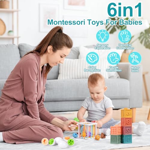 6-in-1 Baby Toys,28 PCS Montessori Toys for Babies,Stacking Blocks Rings Sensory Bin,Silicone Pull String Teething Toy Sorting Sensory Educational Learning Gift for Toddlers