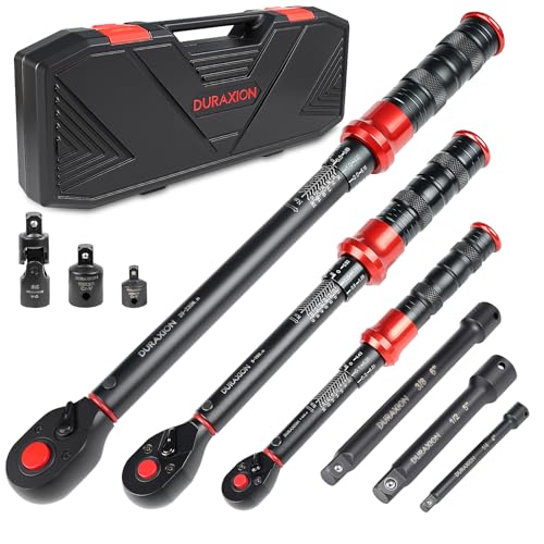 DURAXION 9-piece torque wrench set 1/2 inch, 3/8 inch, 1/4 inch, ±3% error accuracy, 72 teeth, small torque wrench 20-230 Nm, 5-70 Nm, 1-26 Nm, for tyre change, car, bicycle, motorcycle, truck, NKW