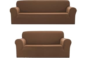 Sapphire Home 2-Piece Sofa and Loveseat Slipcovers, Couch Covers Set, Form fit Stretch, Wrinkle Free, Furniture Protector, Sofa Covers for Living Room, Diamond Pattern Polyester Spandex (Brown)