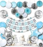 RainMeadow Premium Baby Shower Decorations for Boys Kit | It's A BOY | Garland Bunting Banner, Paper Lanterns, Honeycomb Balls | Tissue Paper Fans | Blue Grey White | Elephant Style