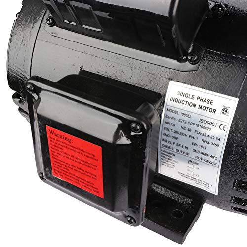 ECCPP 7.5 HP Single Phase Air Compressor Electric Motor 184T Frame 60 HZ Frequency 3450 RPM 33.4-29.6 A 1-1/8" Keyed shaft