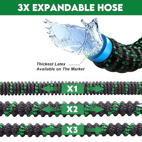 Expandable Garden Hose 100FT-Expanding Water Hose with Thumb-Controlled 10 Spray Nozzles&3750D Outer Fabric, Durable Collapsible Latex Core, Ultra Lightweight & Flexible