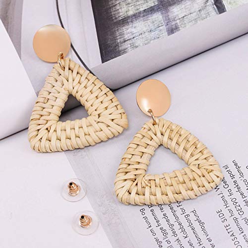 CEALXHENY Rattan Earrings for Women Handmade Straw Wicker Braid Drop Dangle Earrings Lightweight Geometric Statement Earrings (C Triangle)