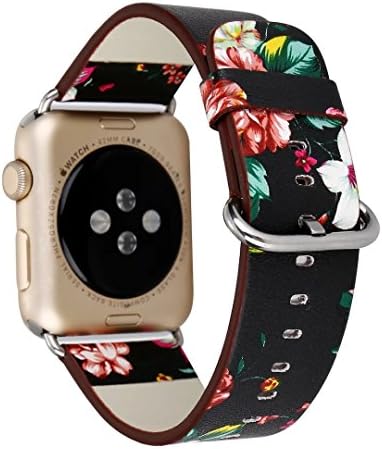 For Apple Watch 38mm Flower Prints PU Leather Wrist Watch Band Strap Series 1 and Series 2 3 Bracelet Replacement. (Black Red)