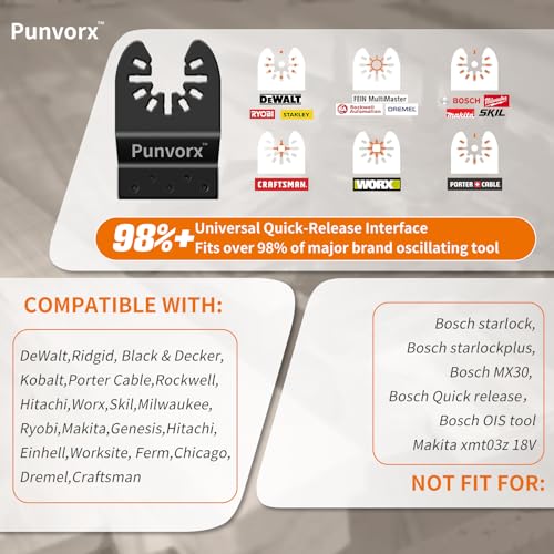 Punvorx 6 Pcs Titanium Multi Tool Blades, Extra Long & Wide Universal Oscillating Saw Blades for Soft Metal, Nails, Wood Cutting, Compatible with Milwaukee, Ryobi, Rockwell,Porter Cable, Worx