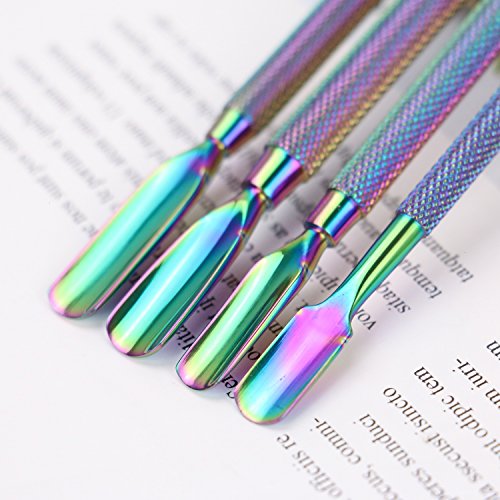 Buorsa 4pcs Rainbow Cuticle Pusher Stainless Steel Cuticle Remover and Cutter Manicure Nail Art Tool Set Professional Cuticle Nippers for Nail